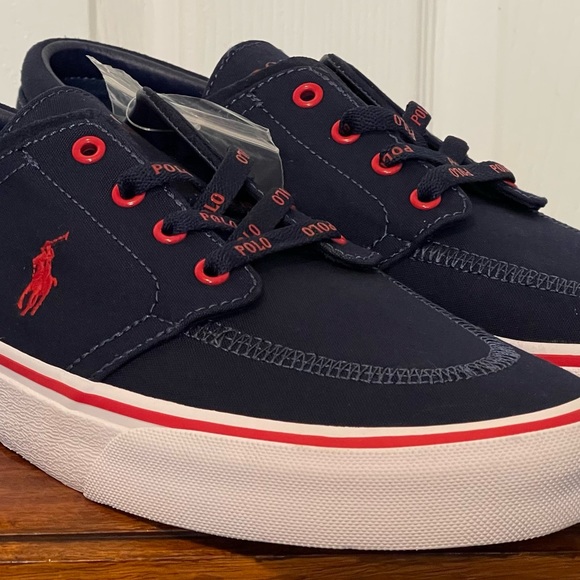 Polo Ralph Lauren Faxon X Low Canvas BoatShoes Sneaker Navy Red Men Size 8 NEW - Picture 2 of 9